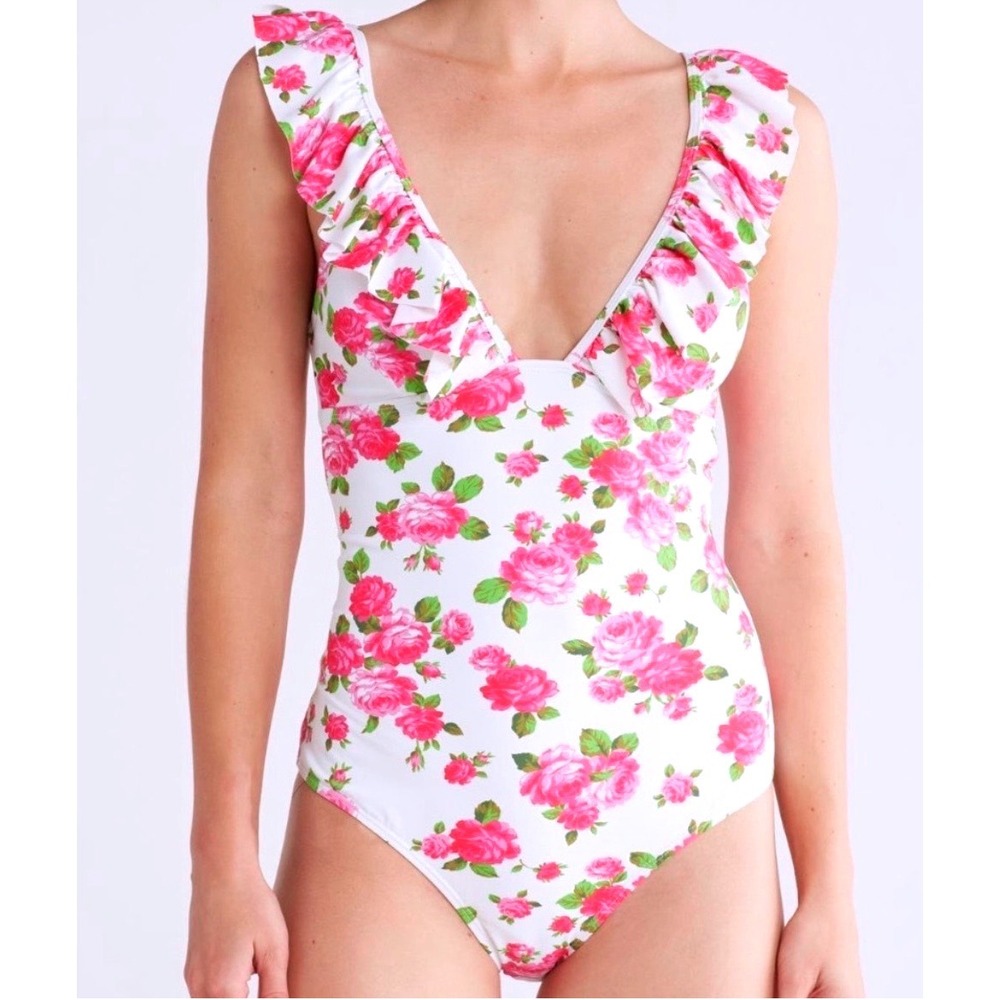 Betsey Johnson Womens White Pink Rose Floral Ruffle V-Neck One Piece Swimsuit L - Picture 2 of 6
